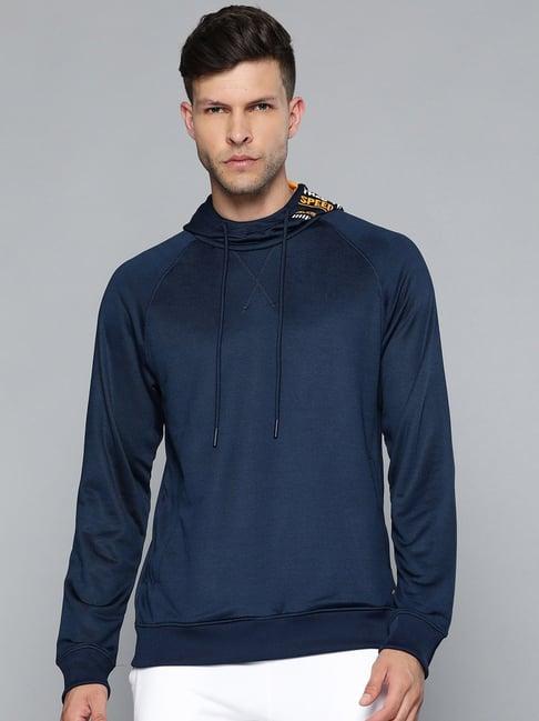 alcis blue slim fit printed hooded sweatshirt