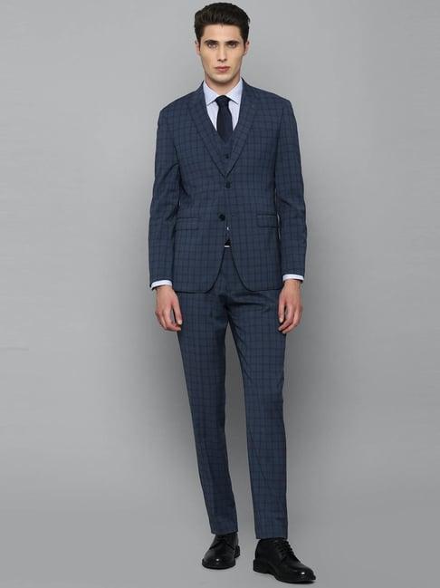 louis philippe permapress blue slim fit checks three piece suits