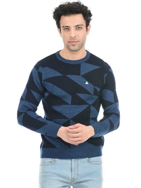 cloak & decker by monte carlo blue regular fit printed sweater