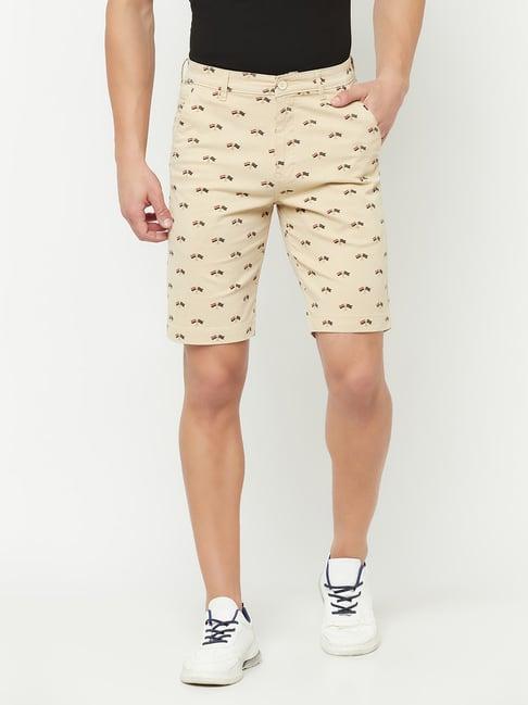 cantabil light yellow cotton regular fit printed shorts