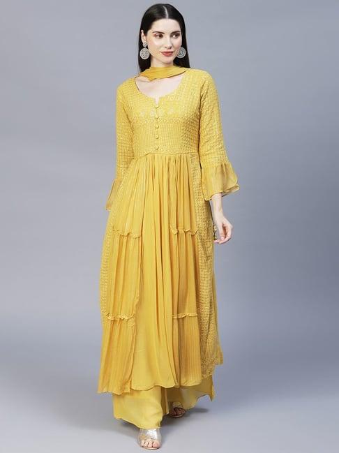 fashor yellow embroidered kurta palazzo set with dupatta