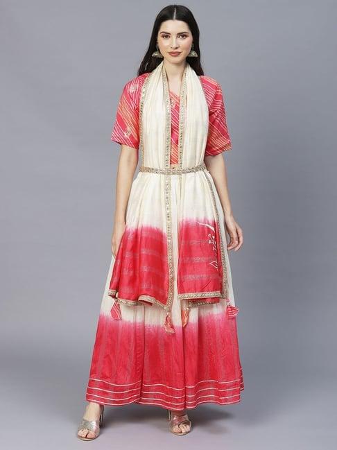 fashor pink & white striped top skirt set with dupatta