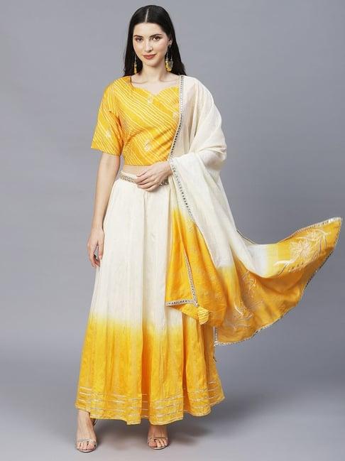 fashor yellow & white striped top skirt set with dupatta