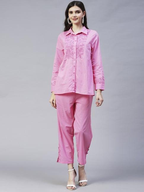 fashor pink cotton embroidered tunic pant set