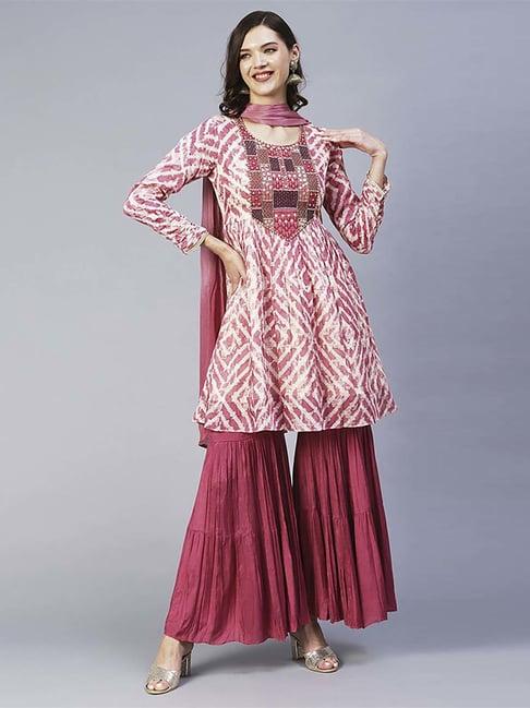 fashor pink embellished kurti sharara set with dupatta