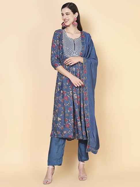 fashor blue printed kurta pant set with dupatta