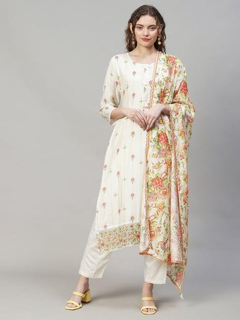 fashor white floral print kurta pant set with dupatta