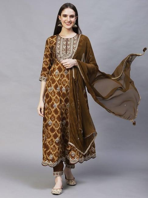 fashor brown embroidered kurta pant set with dupatta