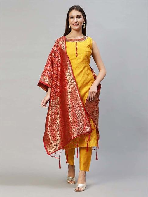 fashor yellow embroidered kurta pant set with dupatta