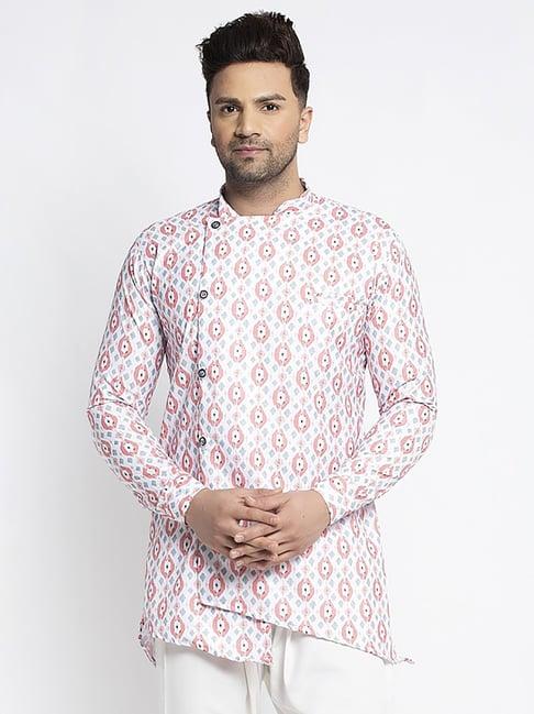 benstoke white & peach regular fit printed short kurta