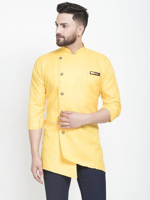 benstoke yellow regular fit mandarin collar short kurta