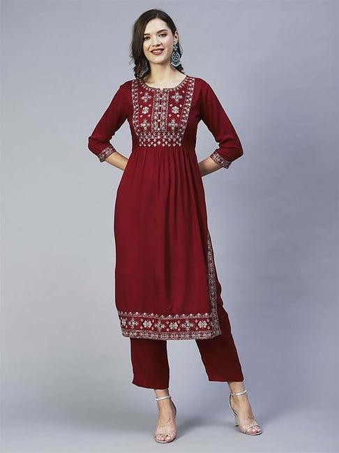 fashor red embroidered kurta pant set