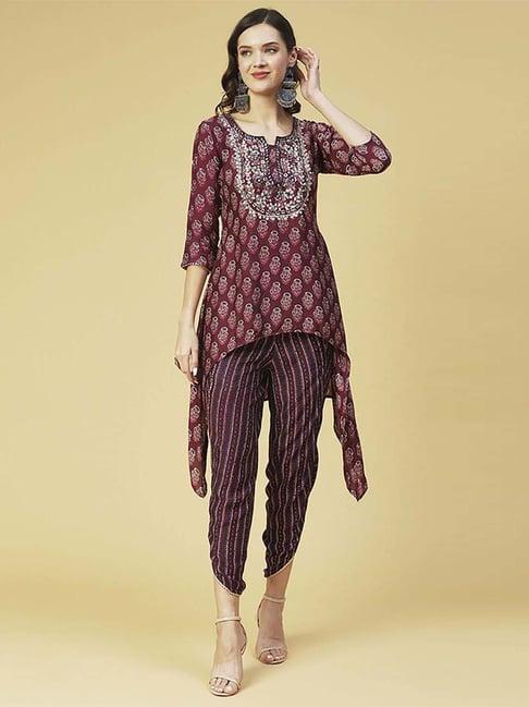 fashor purple printed kurti pant set