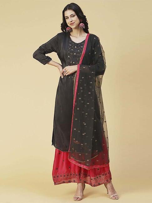 fashor black embellished kurta palazzo set with dupatta