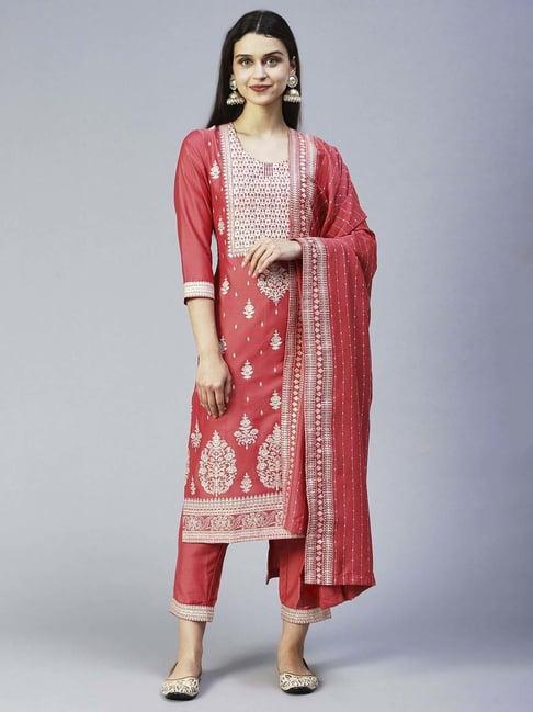 fashor pink printed kurta pant set with dupatta