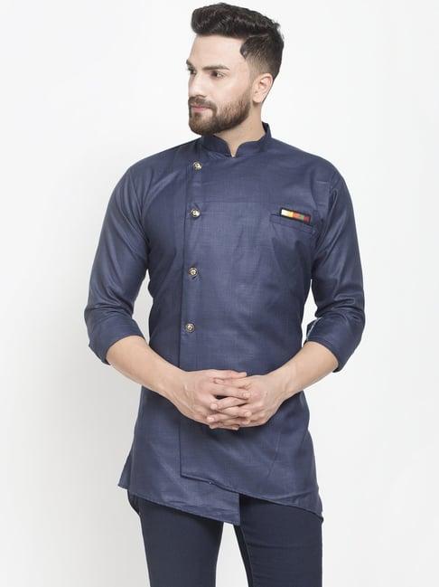 benstoke navy regular fit mandarin collar short kurta