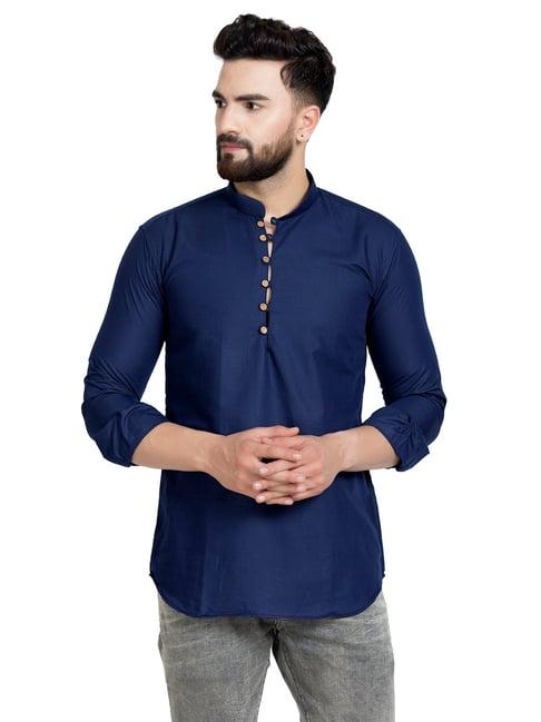 benstoke navy regular fit mandarin collar short kurta