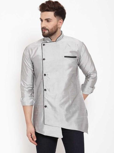 benstoke silver grey regular fit mandarin collar short kurta