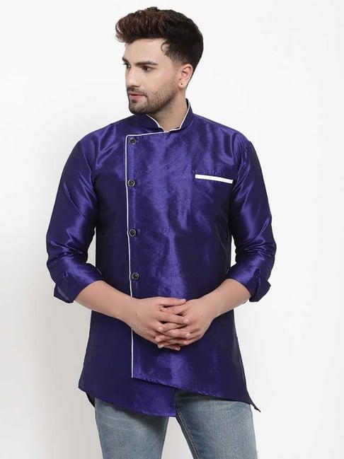 benstoke royal blue regular fit mandarin collar short kurta