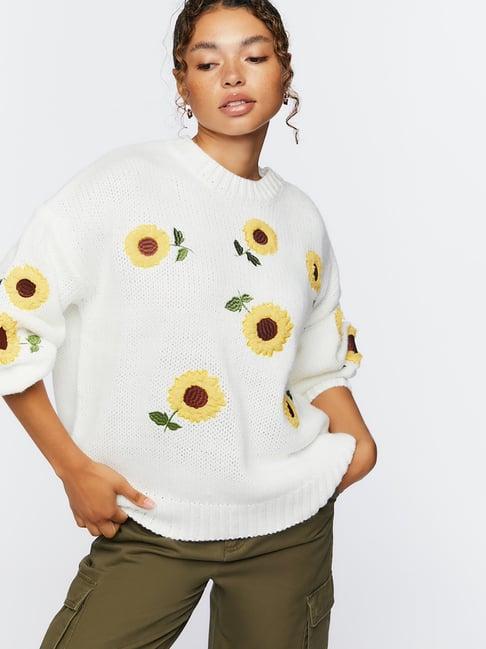 forever 21 white cotton floral print sweater