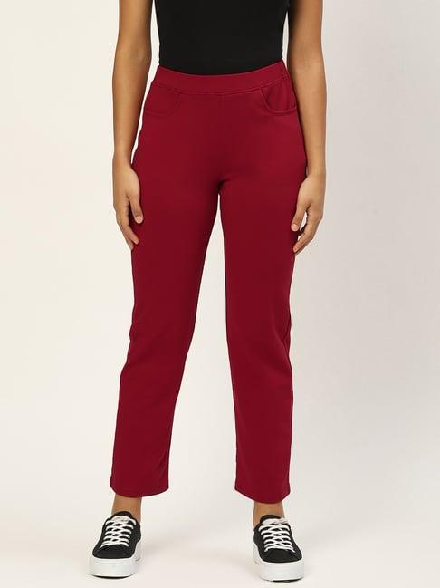 brinns maroon regular fit mid rise knitted trousers