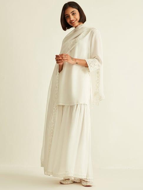 ancestry off white embroidered a line kurta