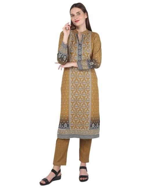 monte carlo mustard wool print kurta pant set