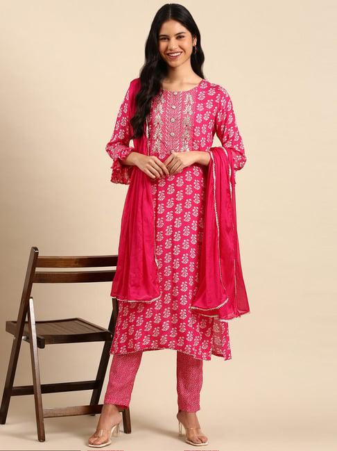 showoff pink printed kurta pant set with dupatta