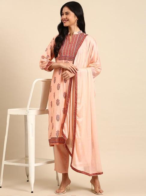 showoff peach embroidered kurta pant set with dupatta