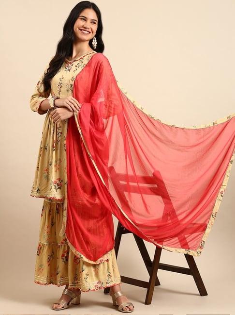 showoff beige printed kurta sharara set with dupatta