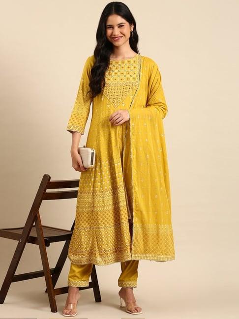 showoff mustard cotton printed kurta pant set with dupatta