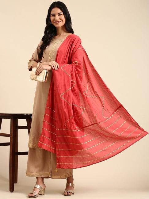 showoff khaki kurta palazzo set with dupatta