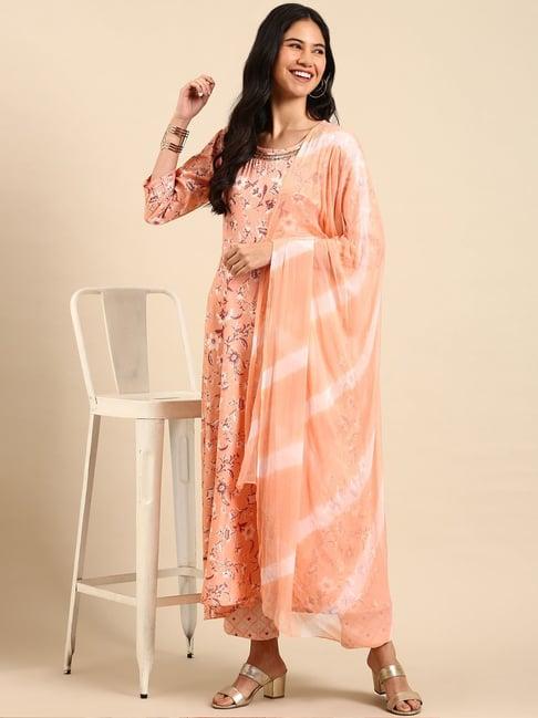 showoff peach printed kurta pant set with dupatta