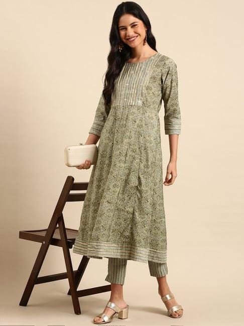 showoff olive green cotton printed kurta pant set