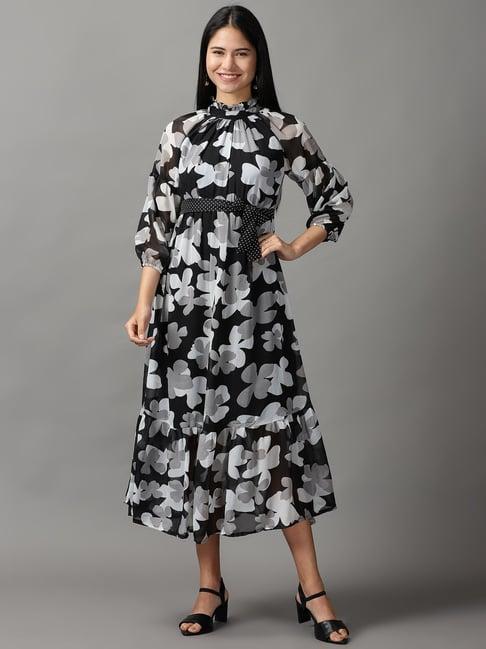 showoff black printed a-line dress