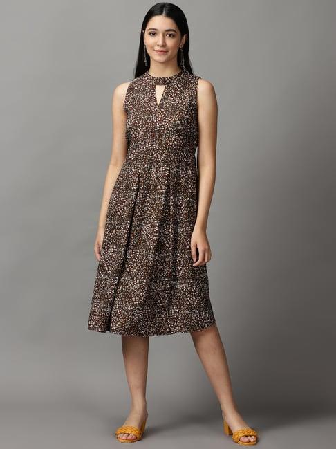 showoff brown printed a-line dress