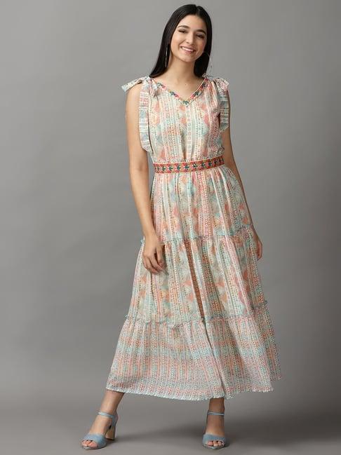 showoff cream printed a-line dress