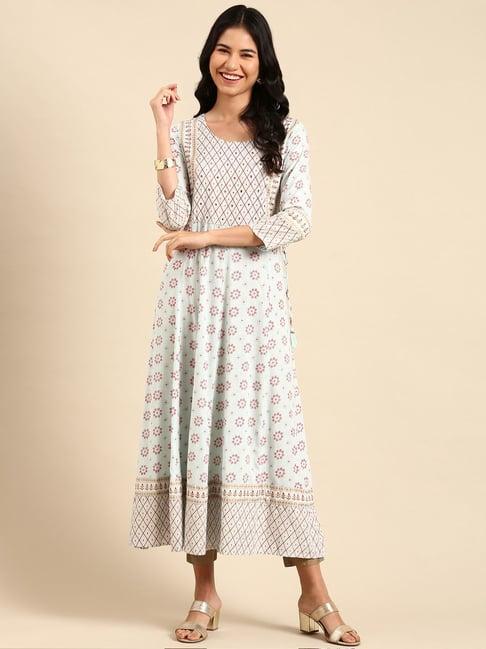 showoff sea green cotton embellished anarkali kurta