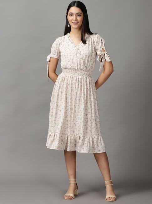 showoff cream printed a-line dress