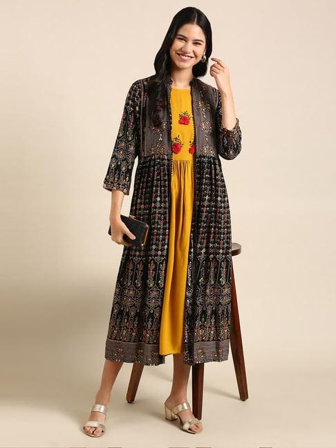 showoff black & yellow cotton embroidered a line kurta with jacket