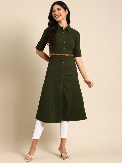 showoff olive green cotton a line kurta