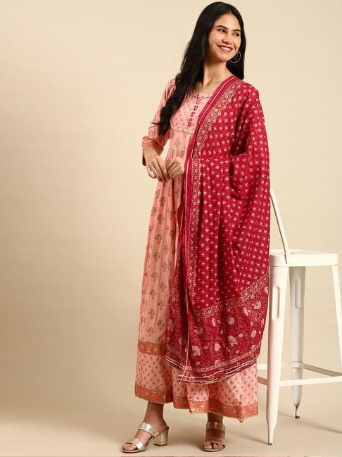 showoff peach embellished anarkali kurta with dupatta