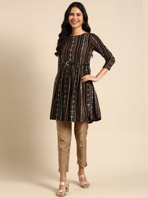 showoff black & brown cotton embellished a line kurti