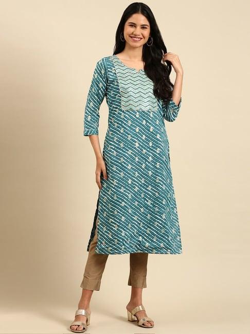 showoff teal blue embellished straight kurta