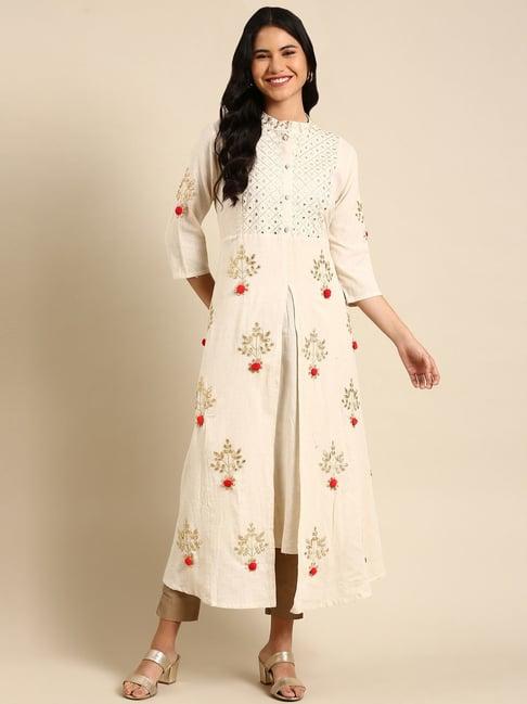 showoff off-white cotton embellished a line kurta