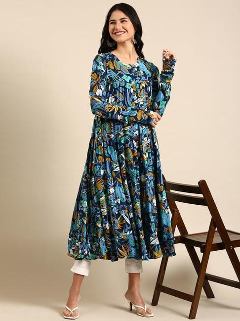 showoff navy cotton floral print anarkali kurta