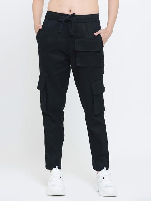 everdion black cotton regular fit mid rise cargo pants