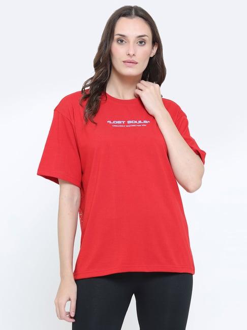 everdion red cotton graphic print drop shoulder oversized t-shirt