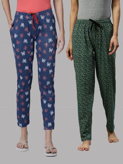 kryptic green & blue printed pure cotton elasticated waist band regular fit pyjamas - pack of 2