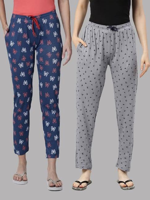 kryptic blue & grey printed pure cotton elasticated waist band regular fit pyjamas - pack of 2